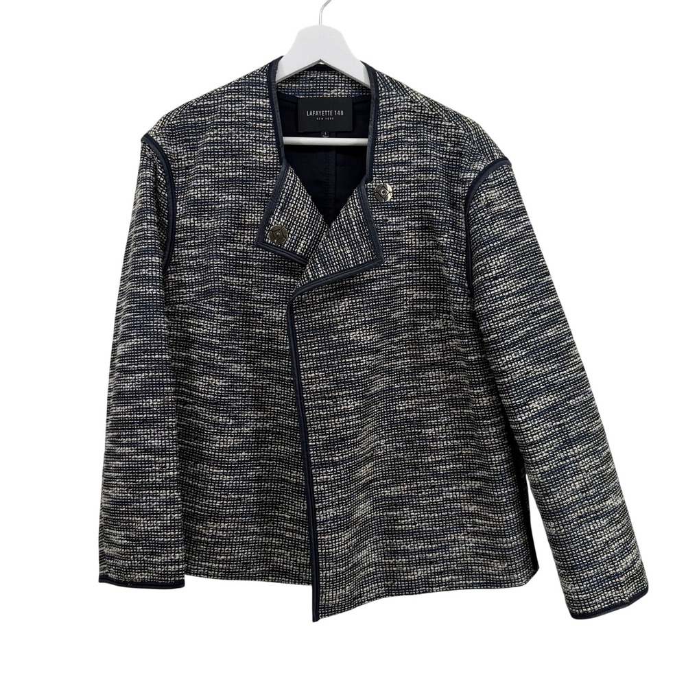 Lafayette 148 Jacket Asymmetric‎ Tweed Large Navy Blue Gold Women Moto Designer
